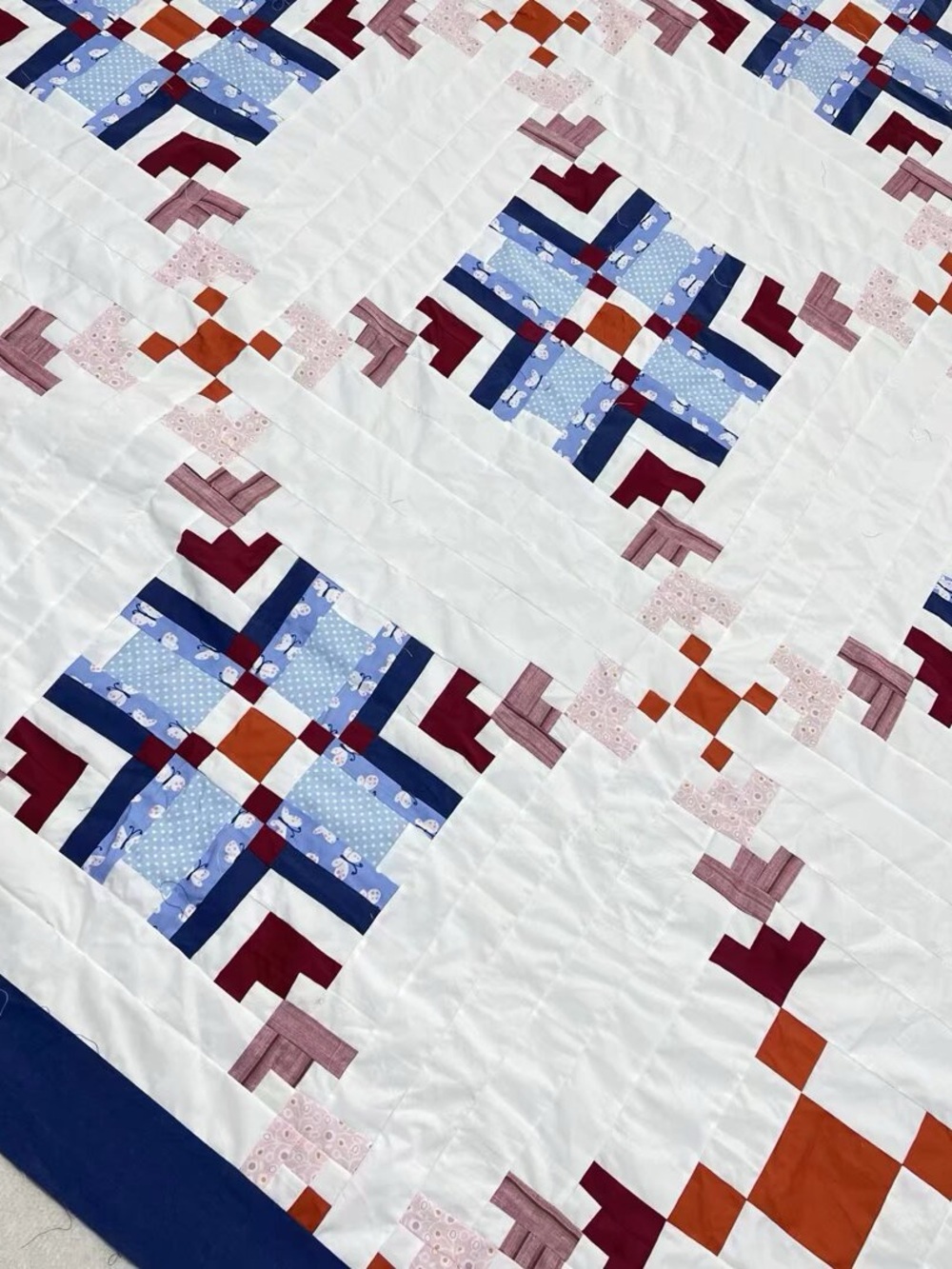 Handmade Holiday Log Cabin Patchwork Cotton fabric Queen size Quilt Top/Topper - Picture 2 of 4